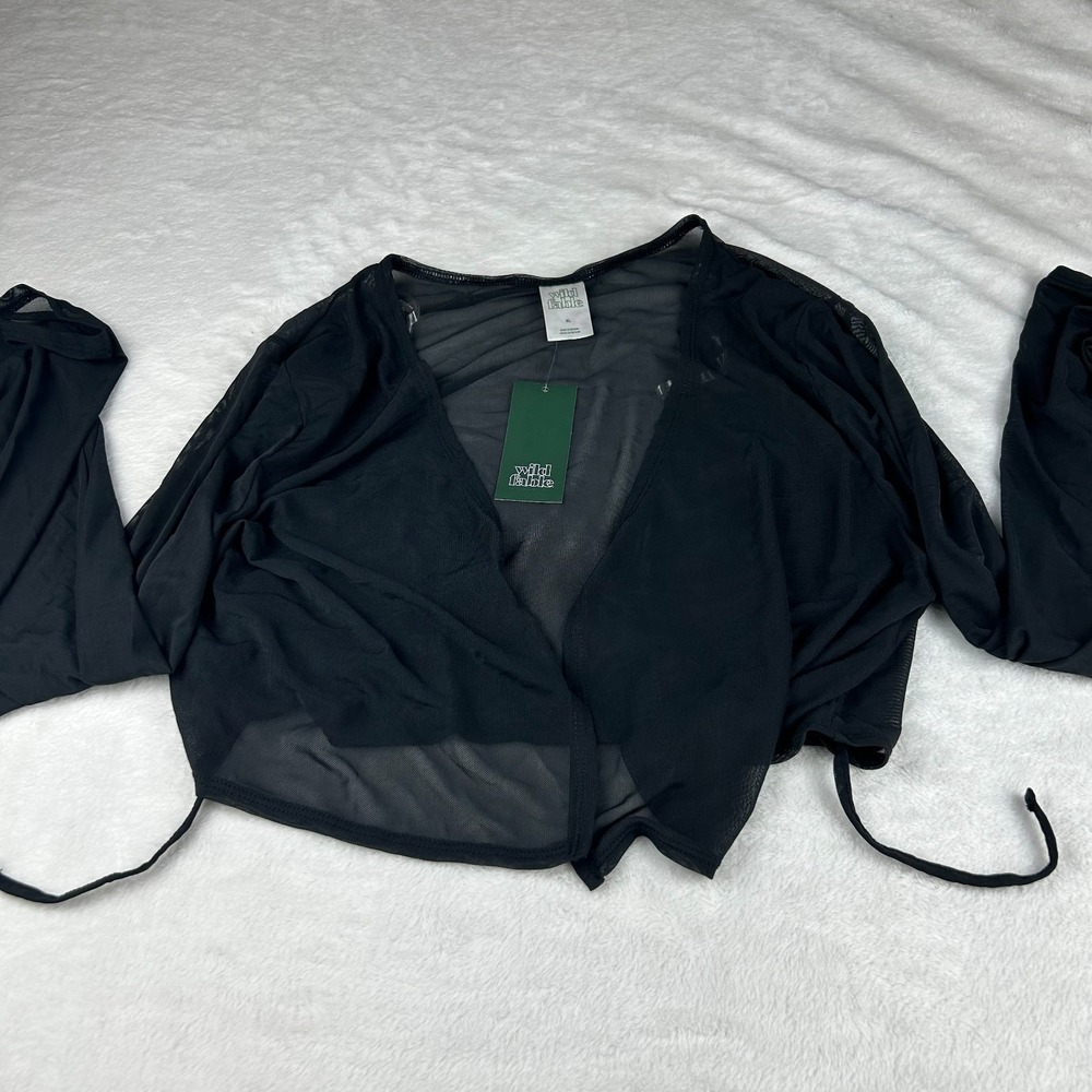 Wild Fable Crop Mesh Cover-Up Cardigan Womens XL Black Sheer Tie Front Beachwear